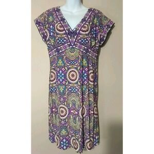 laundry by Design Purple Multicolor Pattern Jersey Vneck Dress Size M‎